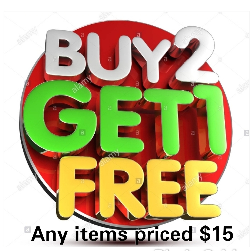 Buy any 2 items priced $15, get 3rd $15 item free